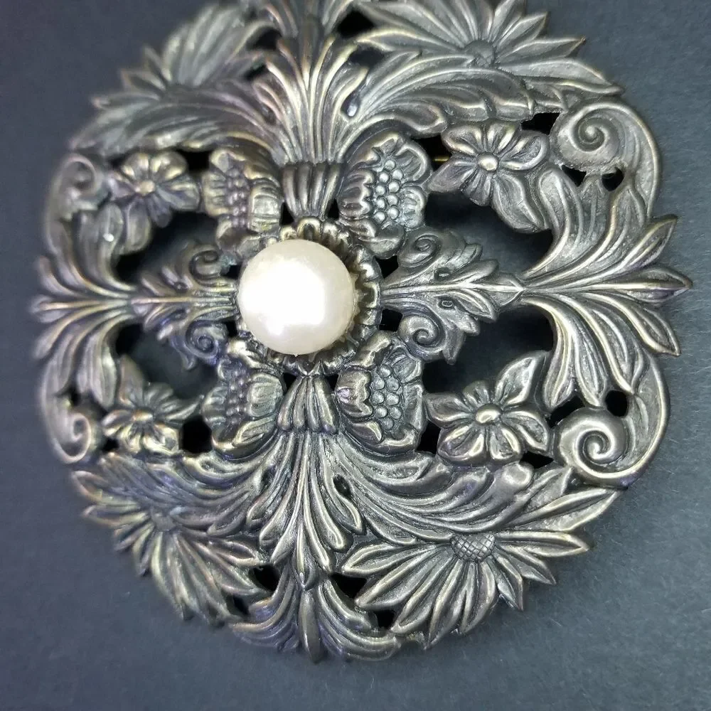 Vintage Large Floral Faux Pearl Brass Shield Brooch Pin